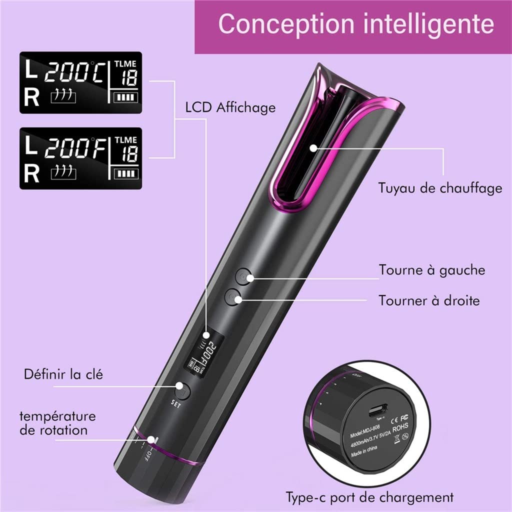 EDDGE Rizador de Pelo automático inalámbrico USB Inalámbrico Inalámbrico Auto Cerámica Rizador de Hierro Varita rizadora Rizador de Aire Rizador de Cabello