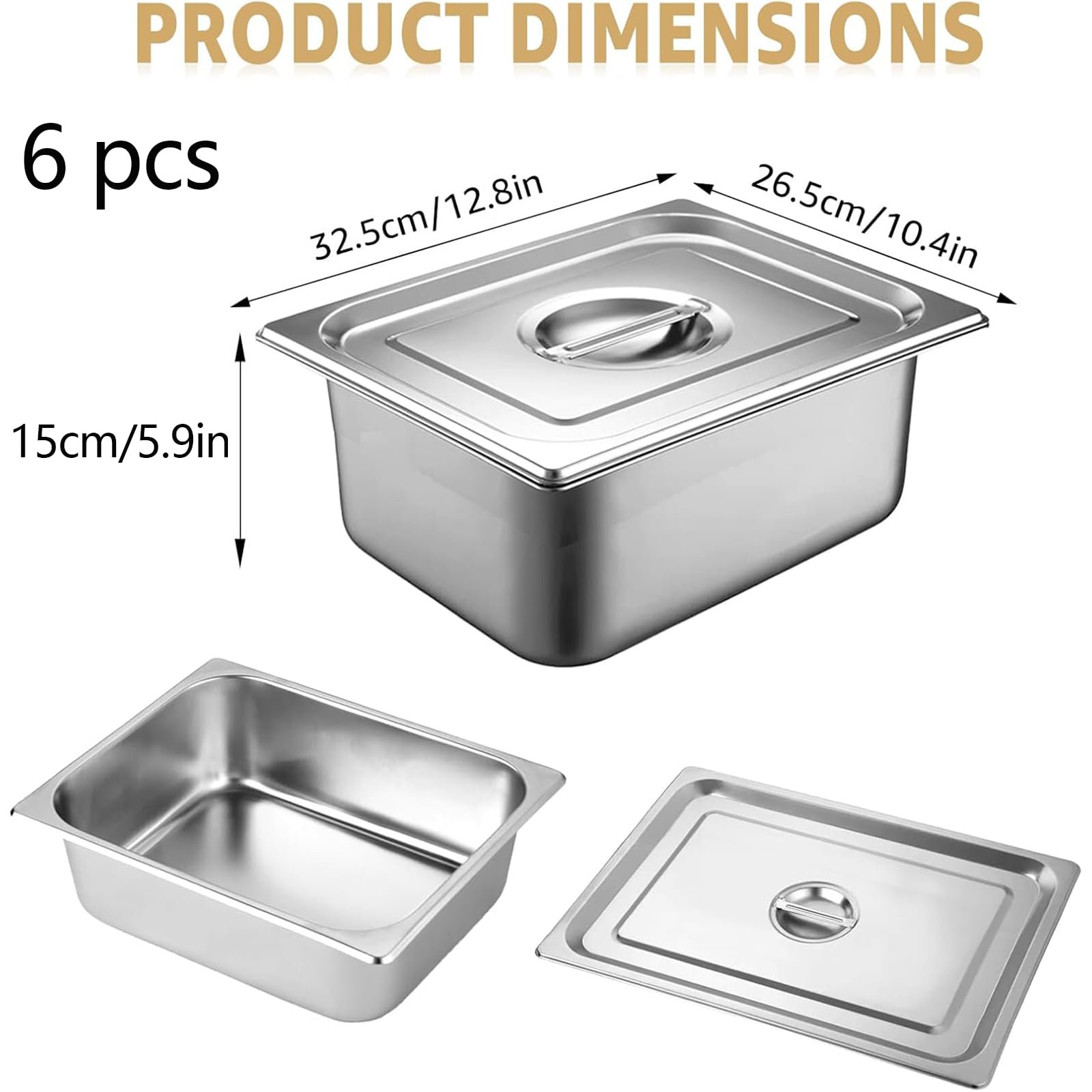 6 Stück GN 1/2 Behälter, 32,5 x 26,5 x 15 cm Edelstahl Behälter mit Deckel, Gastro Behälter für Speisen, Torten, Hotelpfanne Tisch Food Pan