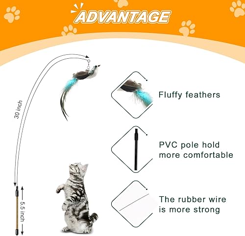 Miniatura 2 de HlinZoom Juguetes interactivos de plumas para gatos, 2 juguetes de varita para gatos y 5 piezas de repuesto de plumas naturales con campana, juguete