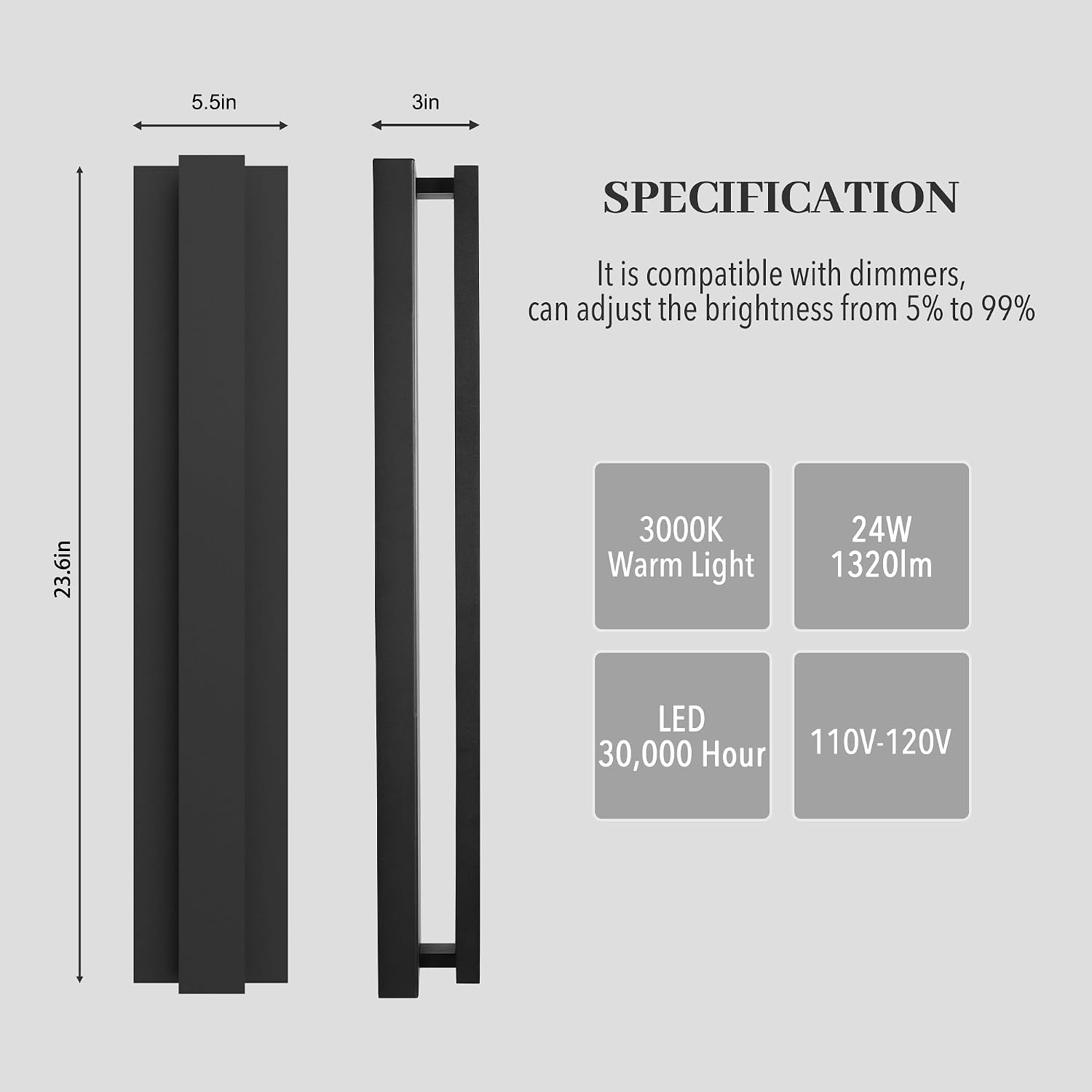 23.6 Inch Modern LED Outdoor Wall Lights, 3000K Linear Long Exterior Lighting Fixtures Wall Mount, IP65 Waterproof Matte Black Outside Sconce Lights for House Garage Porch Patio Front Door