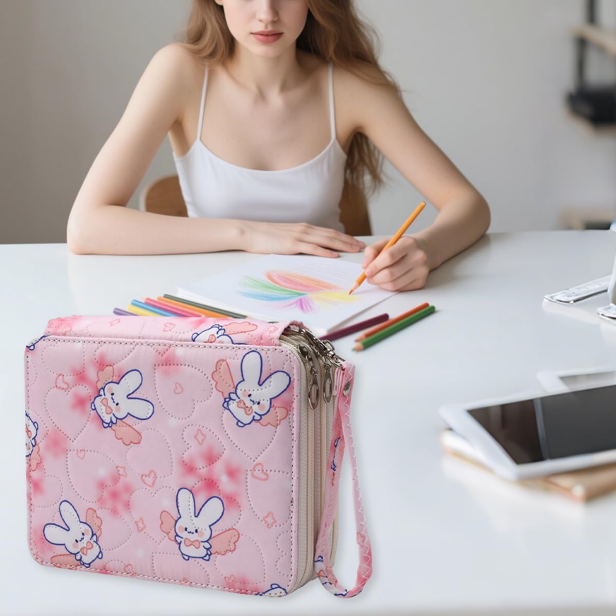 72 Slots Soft Quilted Pencil Case With Zipper Colored Pencils,Watercolor Pens for Teen Girls and Adult,Rabbit Pink