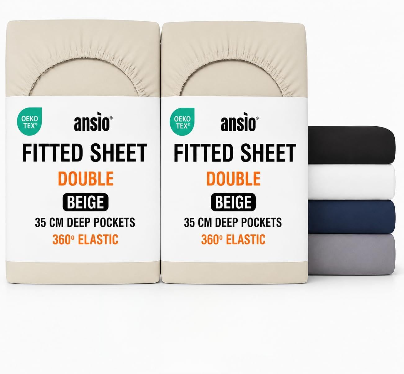 ANSIO® Double (2 Pack) Fitted Sheet Soft Brushed Microfibre Fabric – Extra Deep Pocket 35cm – All-Around Elastic – OEKO-TEX Certified – Easy Care & Naturally Smooth After Wash - Beige