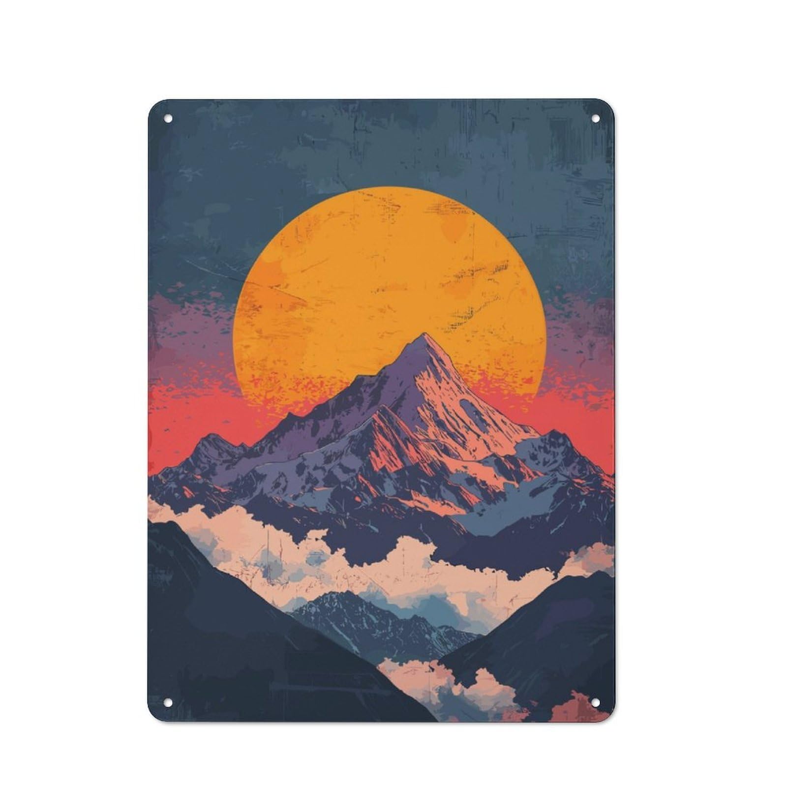 Sunset Mountain Peak Decorative Metal Plaque 40x30cm, Modern Retro Urban Room Decor for Workspace, Cafe, Hallway Or Garage