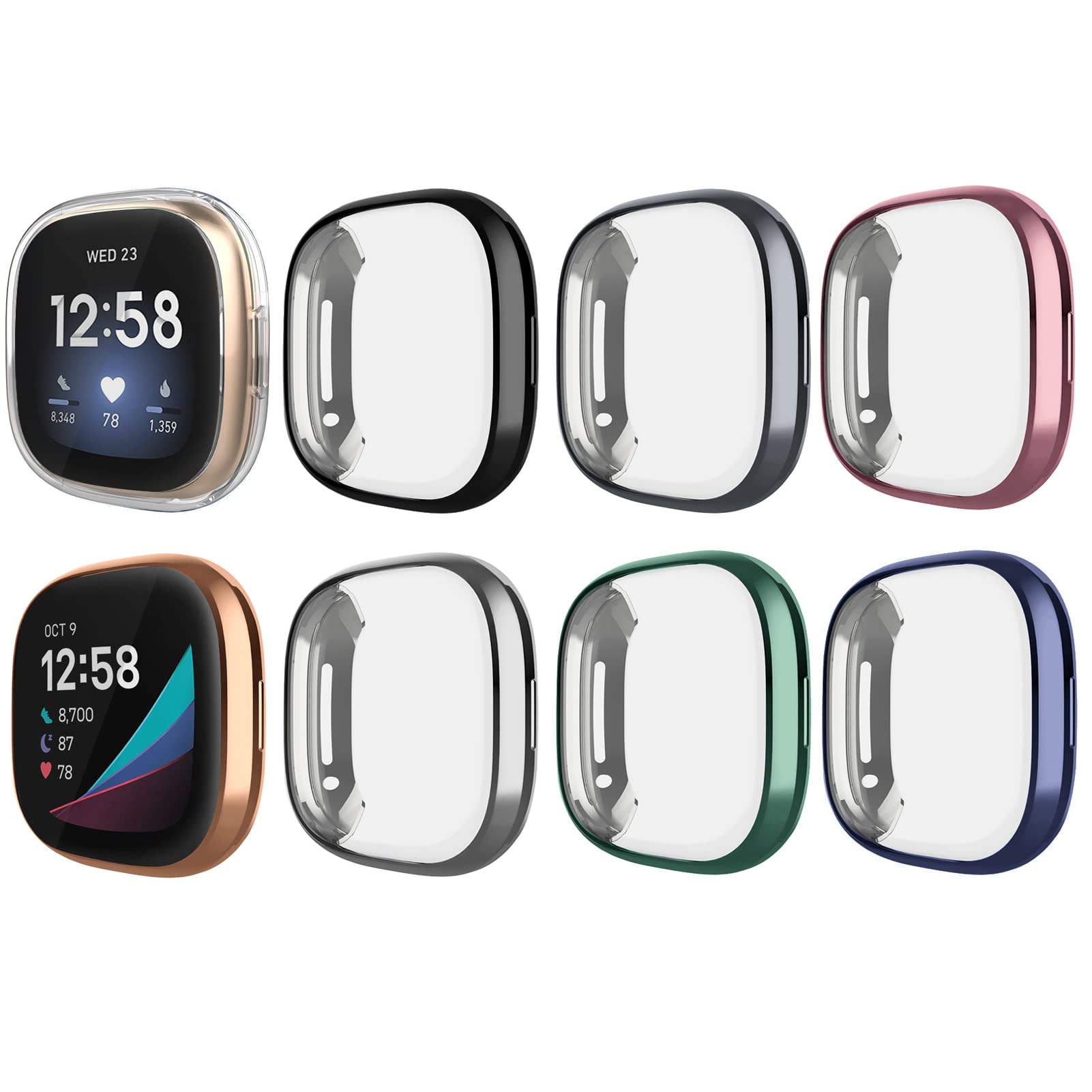 GHIJKL 8 Pack Case Compatible with Fitbit Versa 3 / Sense Screen Protector, Ultra Slim TPU Plated Cover Anti-Scratch Shockproof All Around Bumper Shell Accessories for Fitbit Sense/Versa 3 Smartwatch