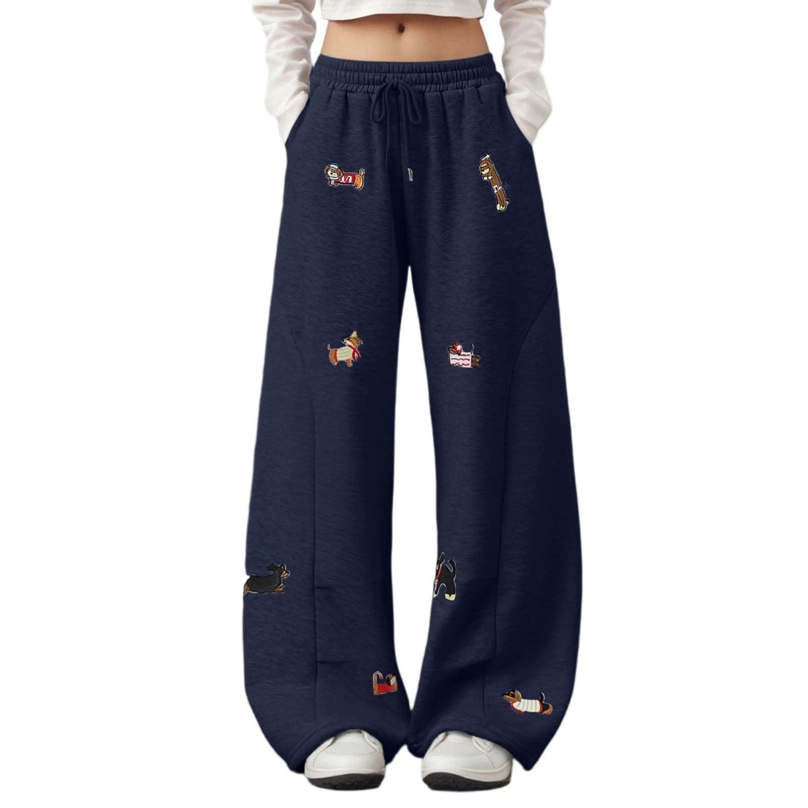 Women's and Men's Cute Dachshund Print Jogging Pants with Elastic Waist and Drawstring, Baggy Casual Sports Pants for Streetwear, Navy blue, M