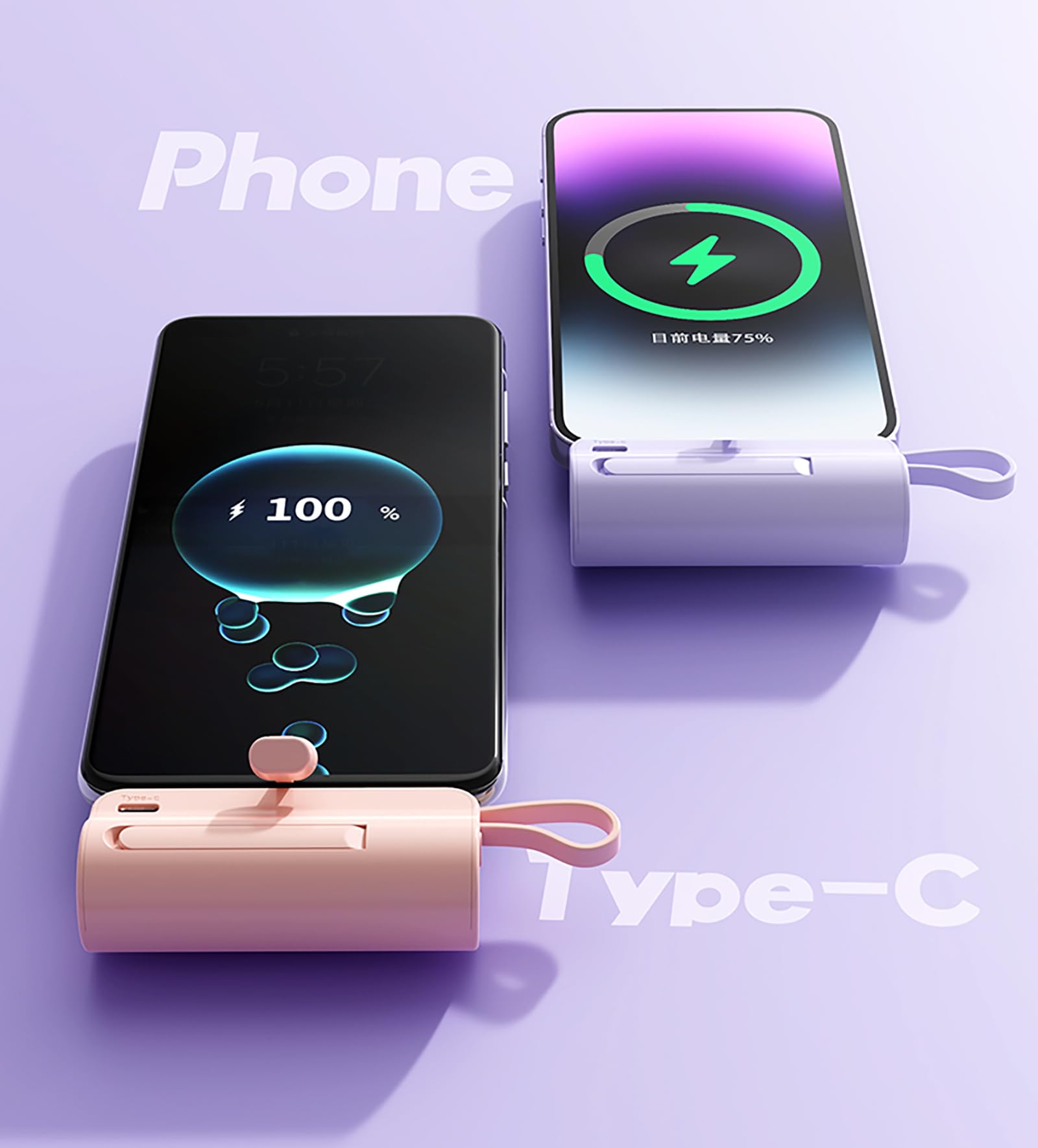 Mini Power Bank, caricatore portatile a capsula da 5500 mAh, caricabatterie portatile con due porte USB-C per iPhone 16/15/15 Plus/15 Pro/15 Pro Max/Android Phone/Samsung/Moto/LG, ecc. (viola)