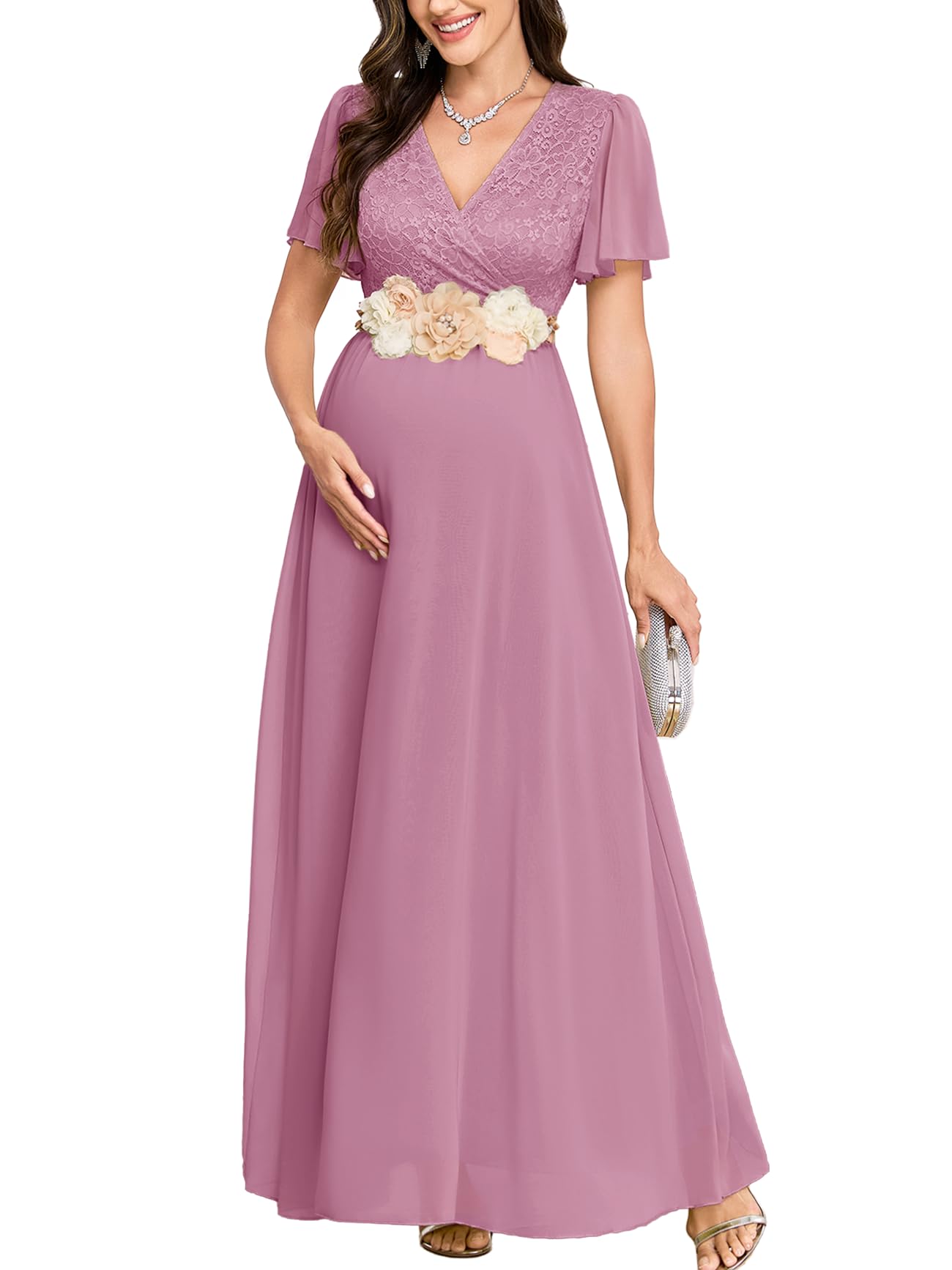 CYCLAMEN Maternity Dress Lace Wrap V-Neck Flowy A-Line Maxi Ruffle Sleeve Chiffon Gown for Baby Shower Wedding Guest