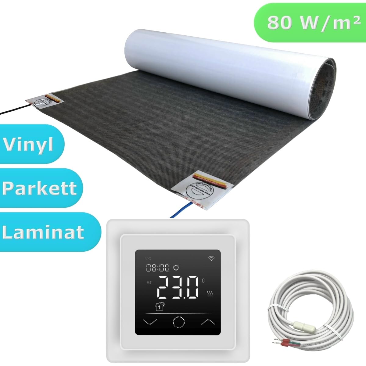 Elektrische Fußbodenheizung HoWaTech Lux Folienheizung für Renovierung Laminat Parkett Vinyl Komplett Set Heizfolie 80 W/m² inkl. Thermostat Touch weiß, Folienlänge & Fläche:2.5m / 1.25m²