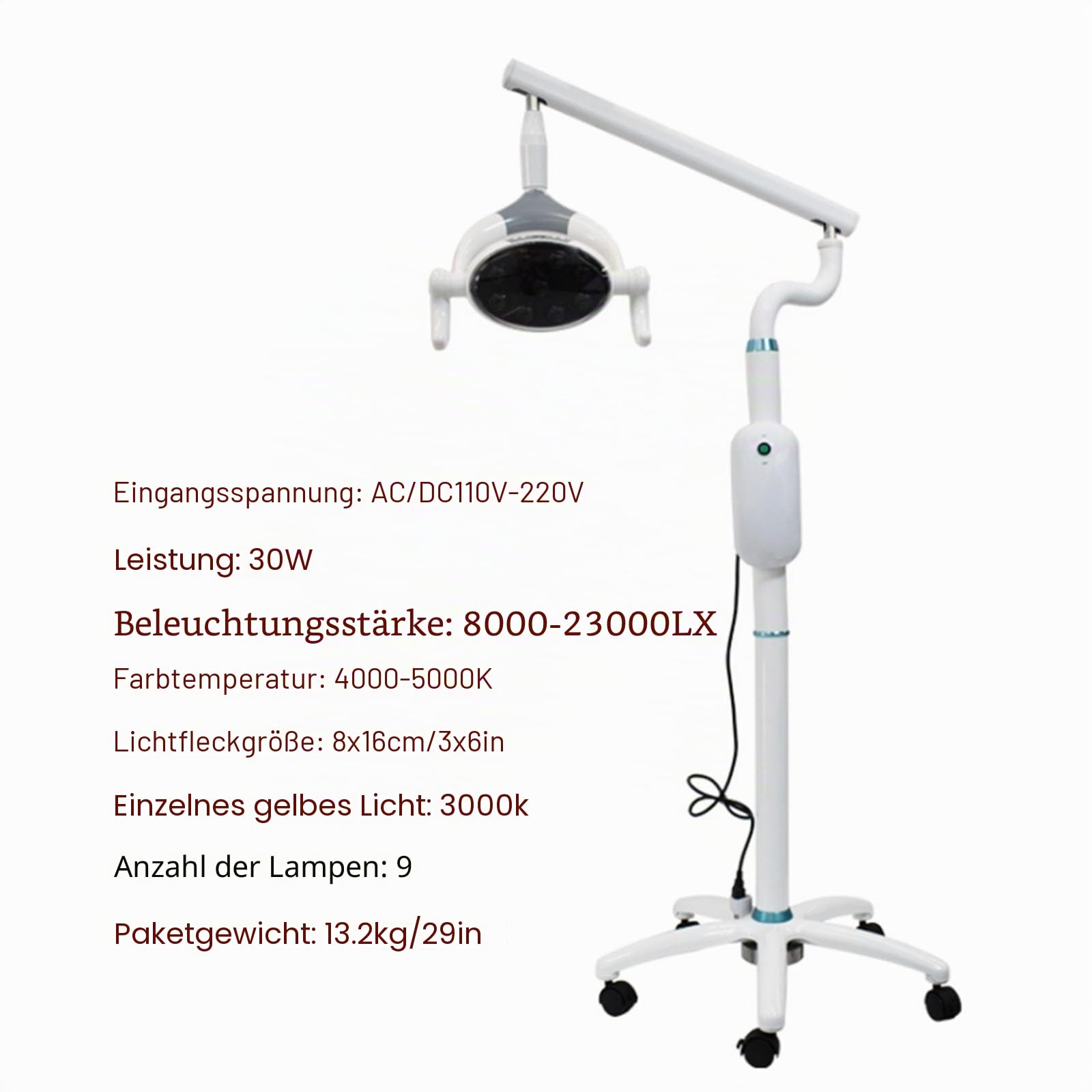 30W Op Untersuchungsleuchte Mobile, Dimmbar Op Leuchte, Chirurgische Untersuchungslampe, Standfuß für Orale Therapiegeräte, mit 9 LED Lampen