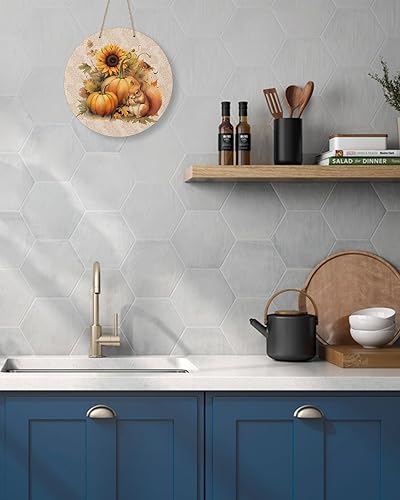 Miniatura 5 de Letrero de bienvenida de temporada para puerta delantera, girasol, calabaza, otoño, Acción de Gracias, coronas redondas de madera, letrero colgante