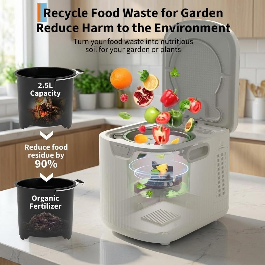 2.5L Electric Countertop Compost Bin, Food Cycler with Auto-Clean & LED Display, Quiet Odor-Free Food Waste Recycler for Kitchen, Turns Scraps into Fertilizer for Garden