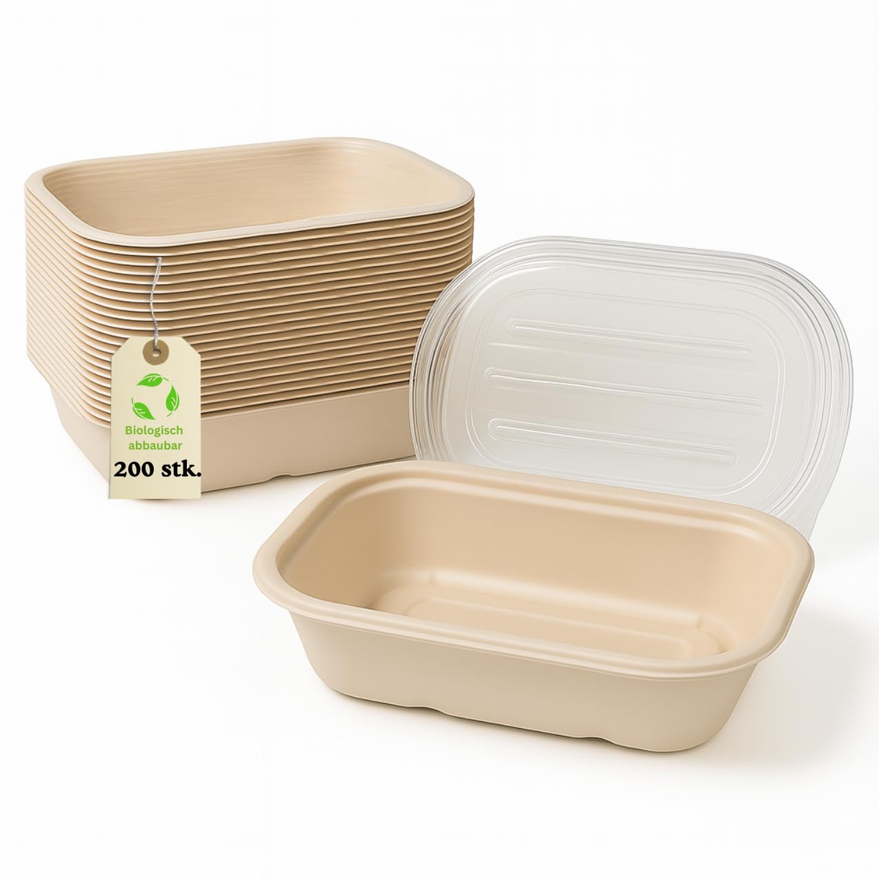 200 Stück Bagasse Schalen 700 ml mit PET-Deckel – Einweg To-Go Bowls aus Zuckerrohr – Kompostierbar, auslaufsicher, stapelbar – Für Catering, Lieferdienste & Events