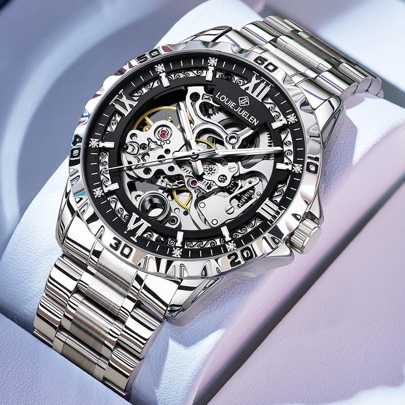 Image of Skeleton Automatic Mechanical Watch Mens Business Luxury Gift Steel Band | Stainless Steel Waterproof Male Golden Wristwatch Luminous Markers & Hands Hardlex Mirror Butterfly Double Button