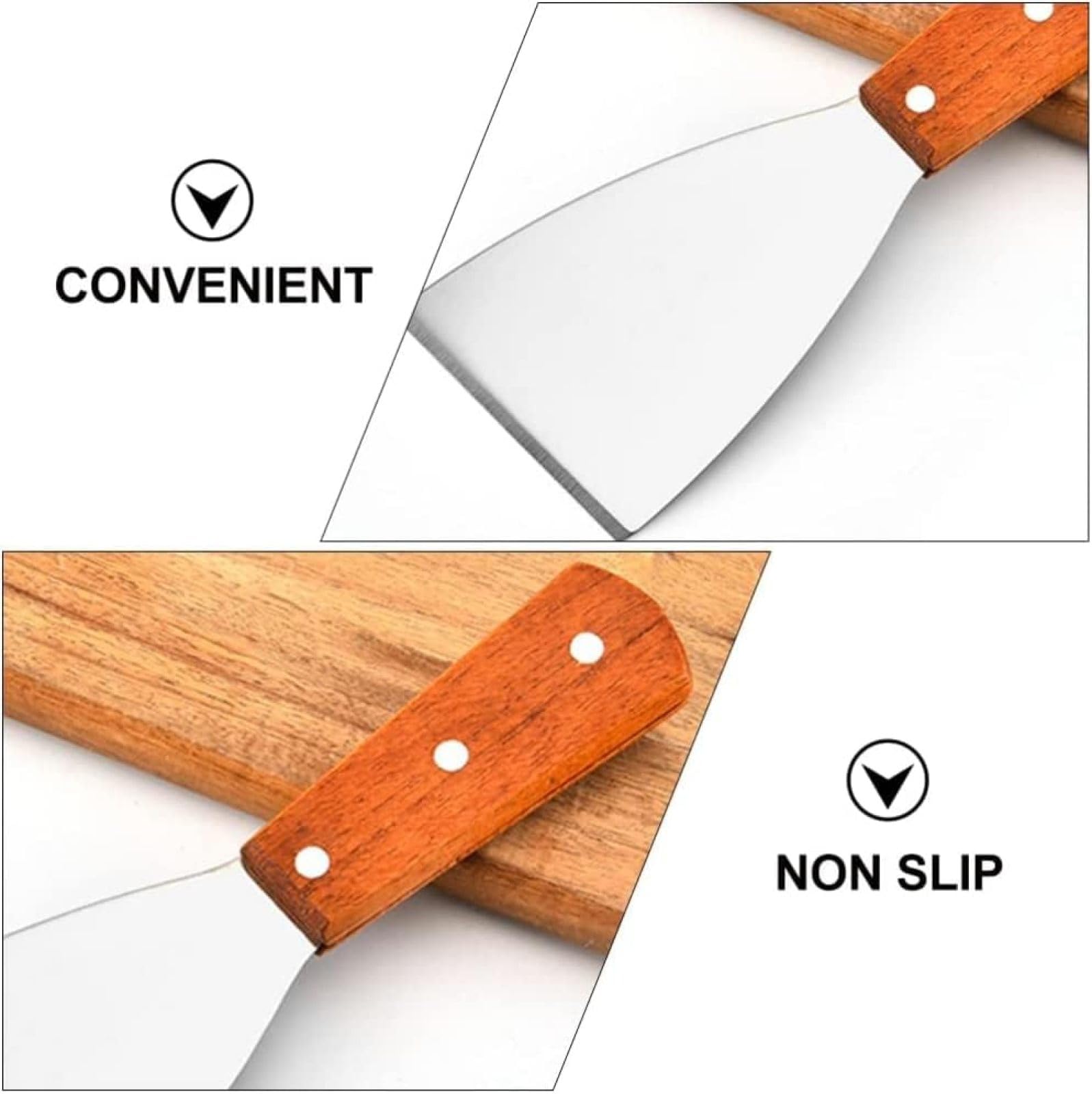Lot De 2 Spatules En Métal Pour Poêle En Fonte, Spatule De Gril En Acier Inoxydable, Tourne-crêpes, Grattoir, Outils Teppanyaki Avec Manche En Bois Pour La Cuisson Du Barbecue,Couleur Assortie,Ple