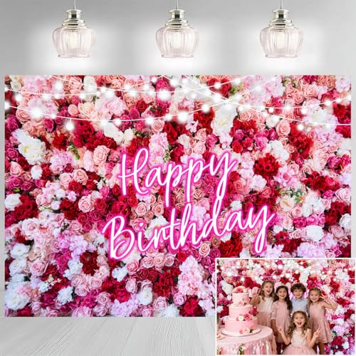 Fondo Rosas Rosado Feliz Cumpleaños 7x5 pies miniatura 3
