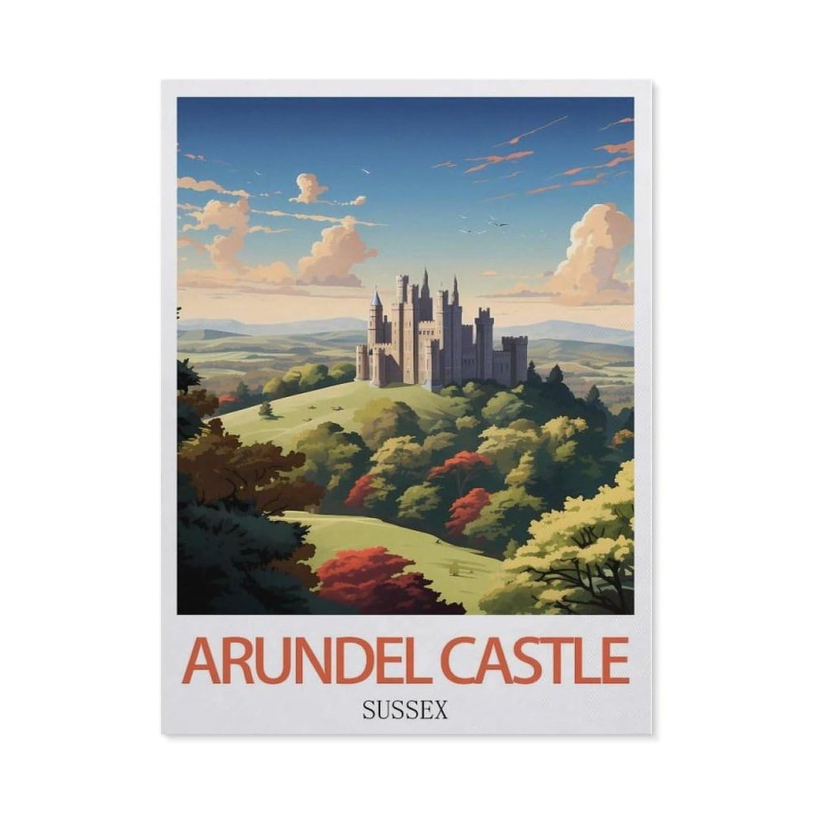 Beayodkp （30 X 40 Cm/11.81 X 15.74 Inches） 5D Diy Diamond Painting，Arundel Castle Sussex Vintage Travel Poster，Round Full Drill Crystal Rhinestone Embroidery Cross Stitch Arts Craft Canvas For Home Wall Decor）-Ce96