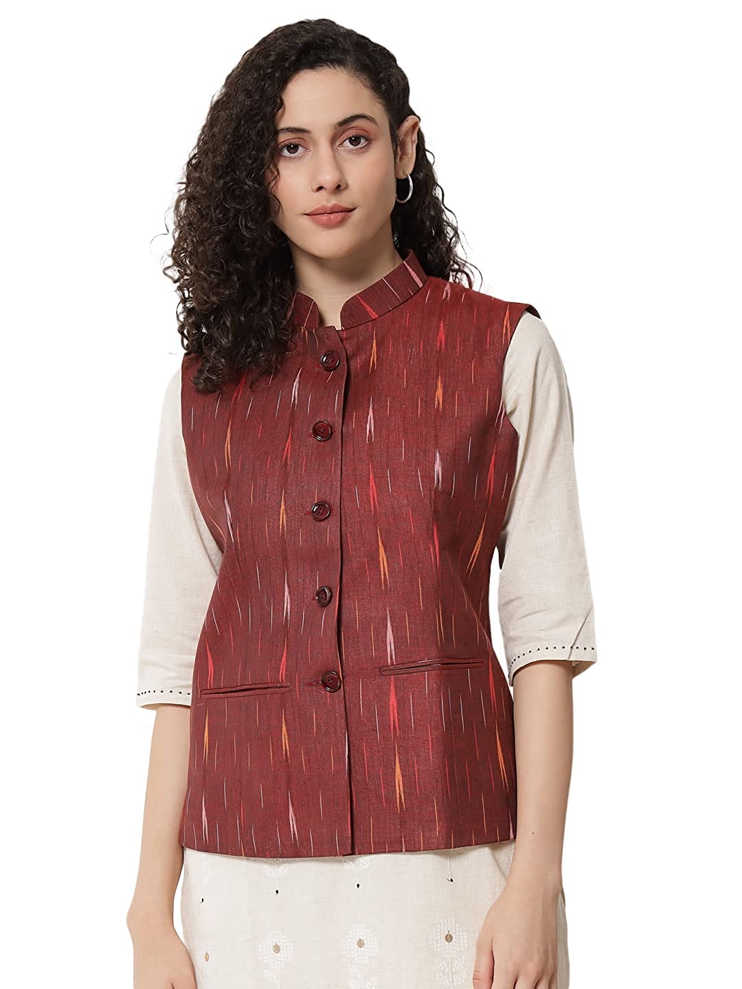 Vastraa Fusion Women's Ikat Cotton Nehru Jacket Printed Waistcoat Sleeveless Mandarin Collar Button Front Ethnic Casual
