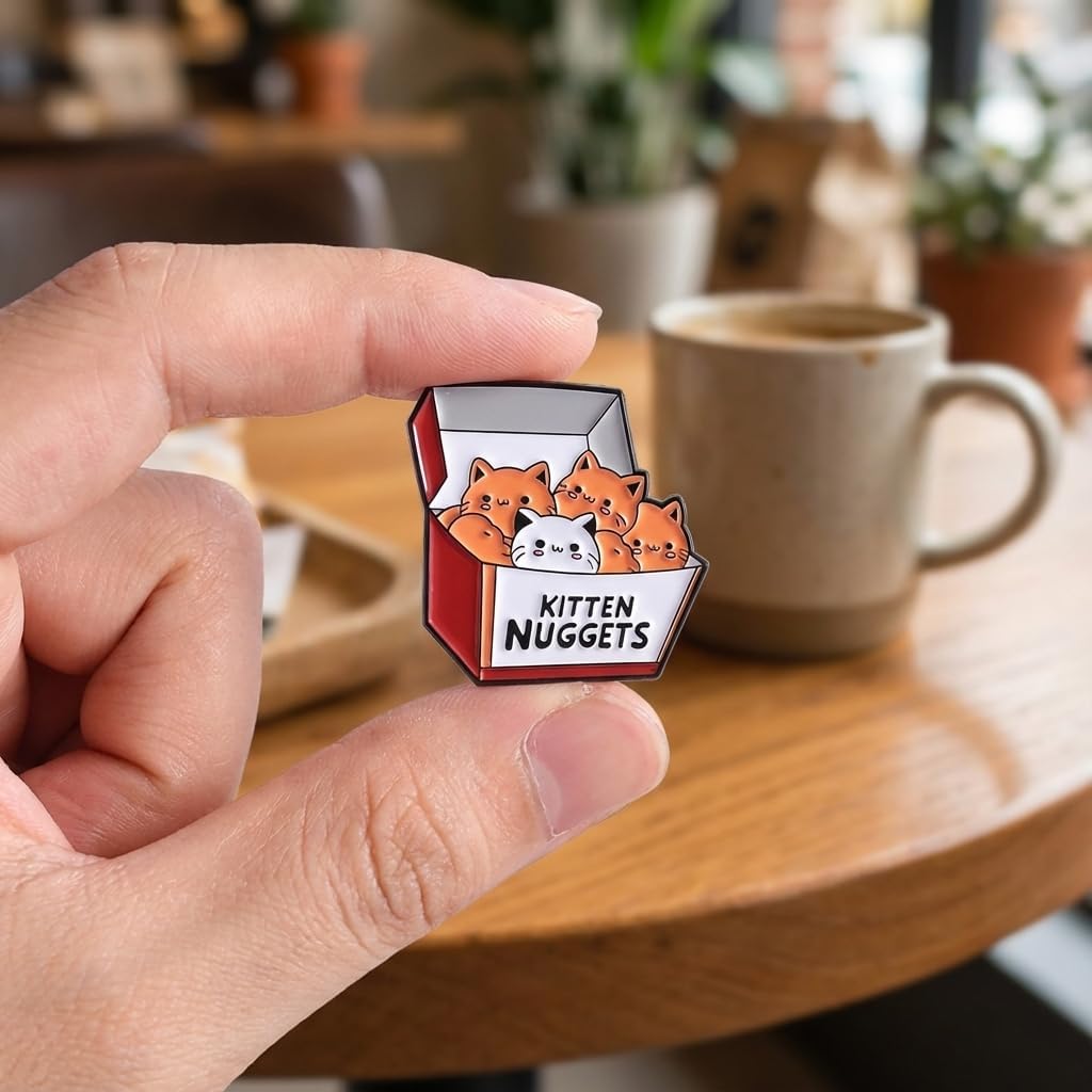 Funny Cat in a Box Pin - Cute Animal Enamel Pins Brooch with KITTEN NUGGETS for Backpacks, Jackets, Hats. Humor Kitten Brooches Gifts for Cats Lovers, Teens, Adults. image 4