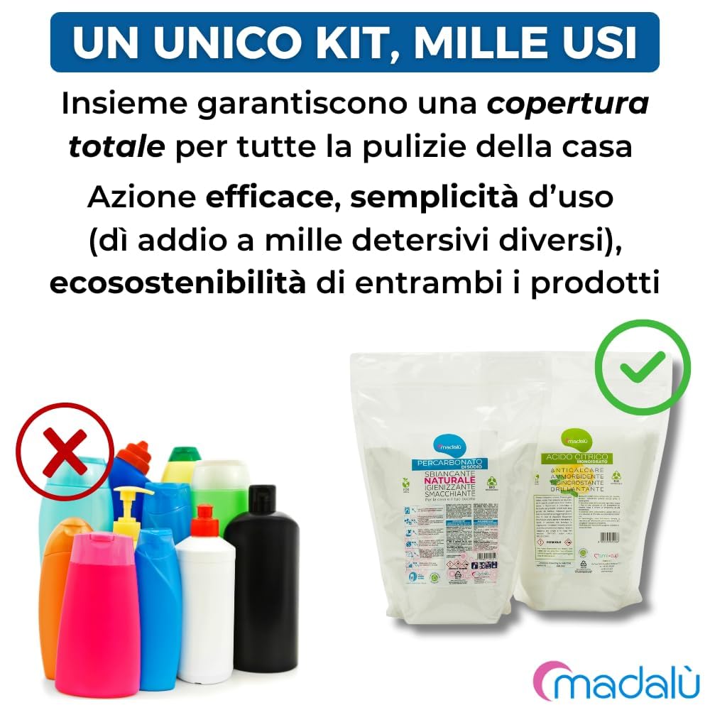 Kit Acido Citrico per Lavatrice + Percarbonato di Sodio Sbiancante (1,50 + 1,50 Kg) Azione Combinata per Sbiancante Bucato e Ammorbidente, Anticalcare Bagno, Antimuffa, Busta Richiudibile Riciclabile