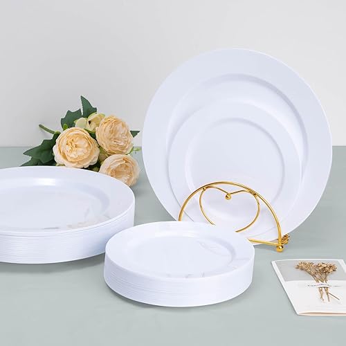 Miniatura 5 de 100 platos de plástico blanco, platos de plástico desechables resistentes con 50 platos llanos de 10.25 pulgadas y 50 platos de postre de 7.5