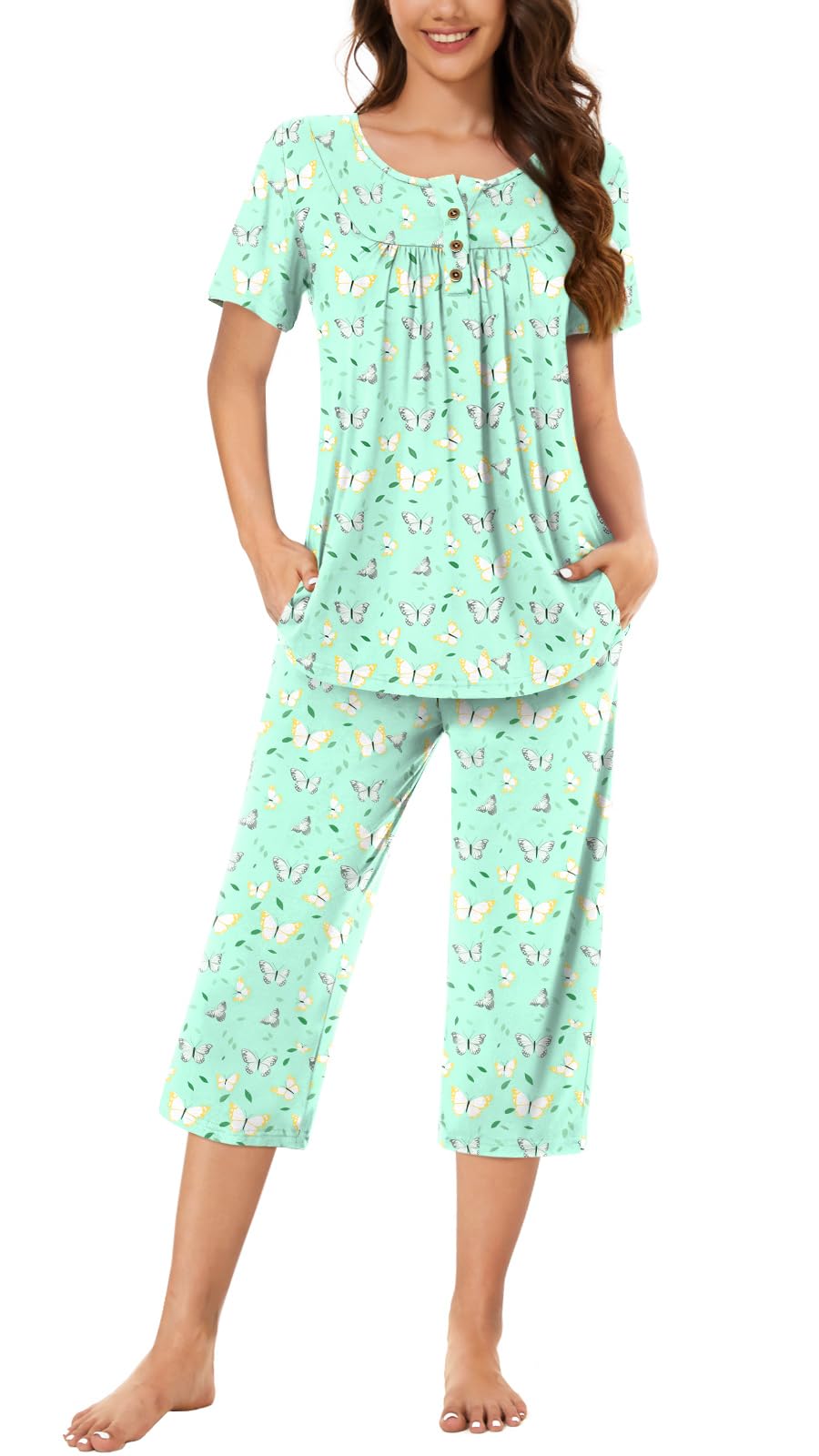 Bestbee Womens Pajama Sets 2 Piece Summer Sleepwear Ladies Pjs Henley Neck Short Sleeve Capri Pant With Pockets