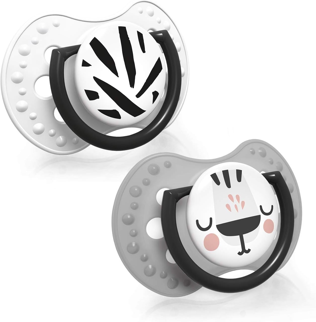 Soother 18+ Months, Baby Dummies with Silicone Teat, Dynamic Tip, Salt & Pepper Collection, 2 Pieces, White