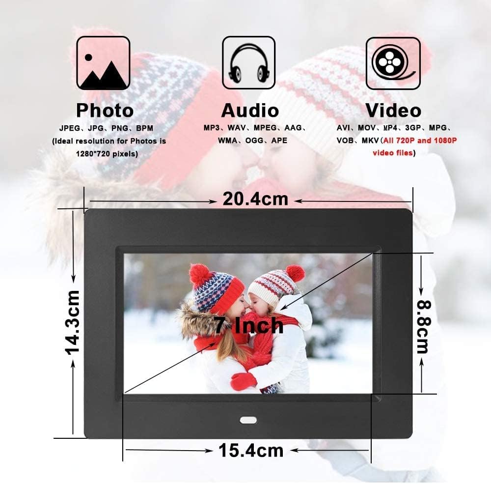Miracle Digital Photo Frame package contents including frame, power adapter, remote control, and user manual.