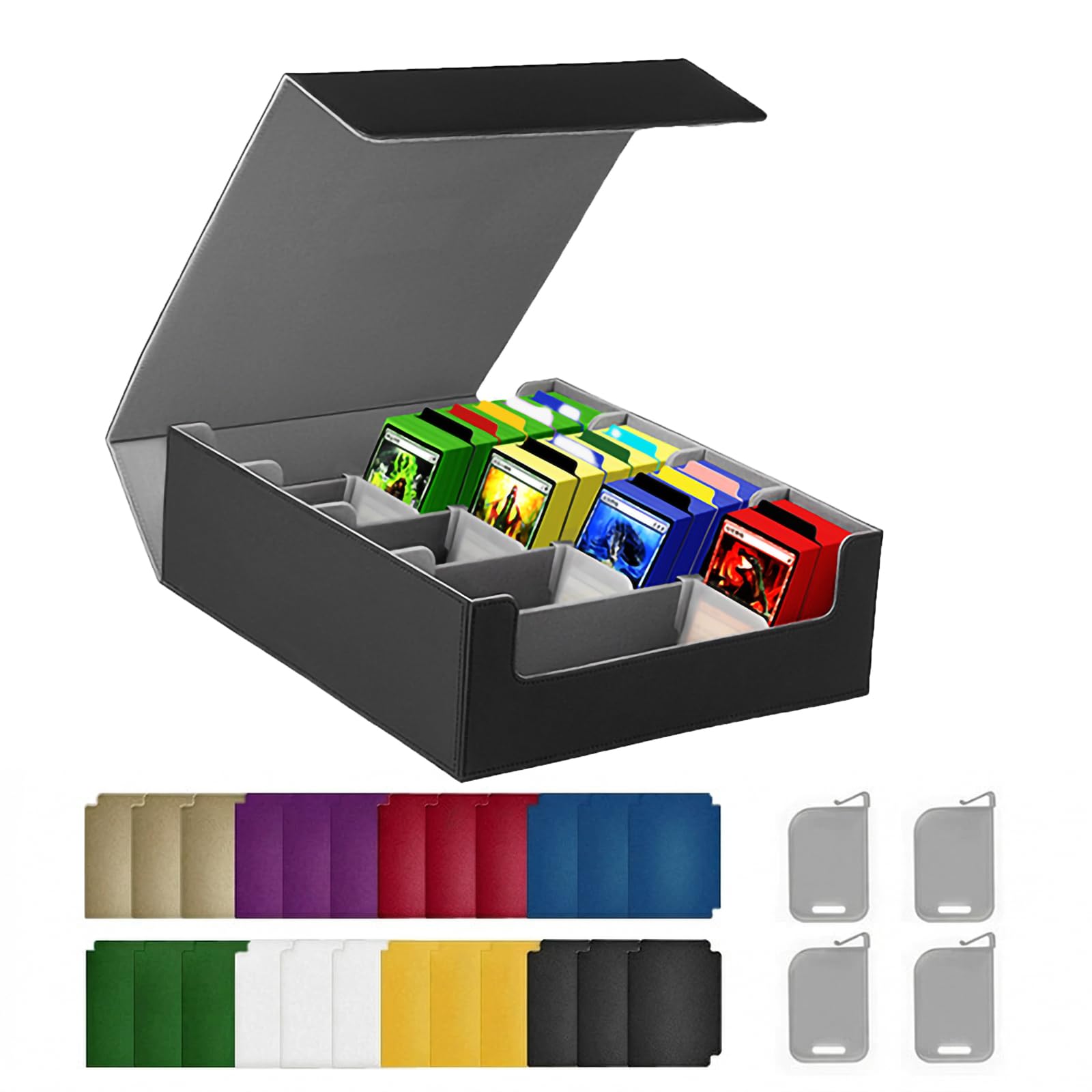 KiPuppi 4 Row Trading Card Deck Box for 3000+ Cards, Large Capacity Card Storage Case with 24 Dividers & 4 Clip Tabs, PU Leather Card Organizer with Magnetic Closure Lid for TCG, Sports & Game Cards