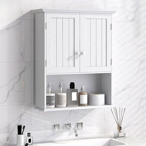 LDAILY Armario de pared de baño, estante abierto y estantes ajustables de 3 posiciones, armario de baño con puertas, armario de baño con puertas,