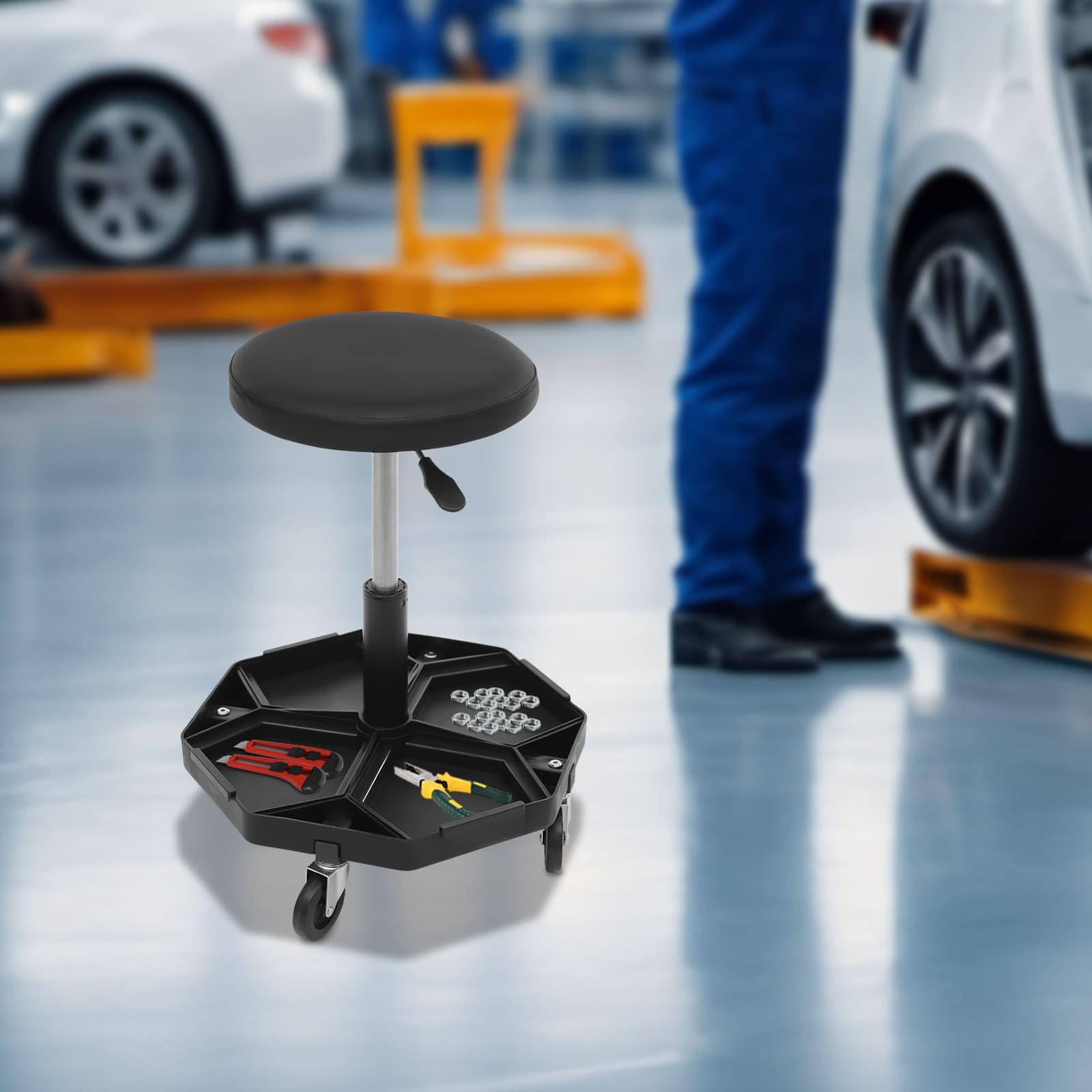 Sgabello da officina con ruote, altezza regolabile da 45 a 61 cm, con vassoio per attrezzi, per meccanici, garage, fai da te (nero)