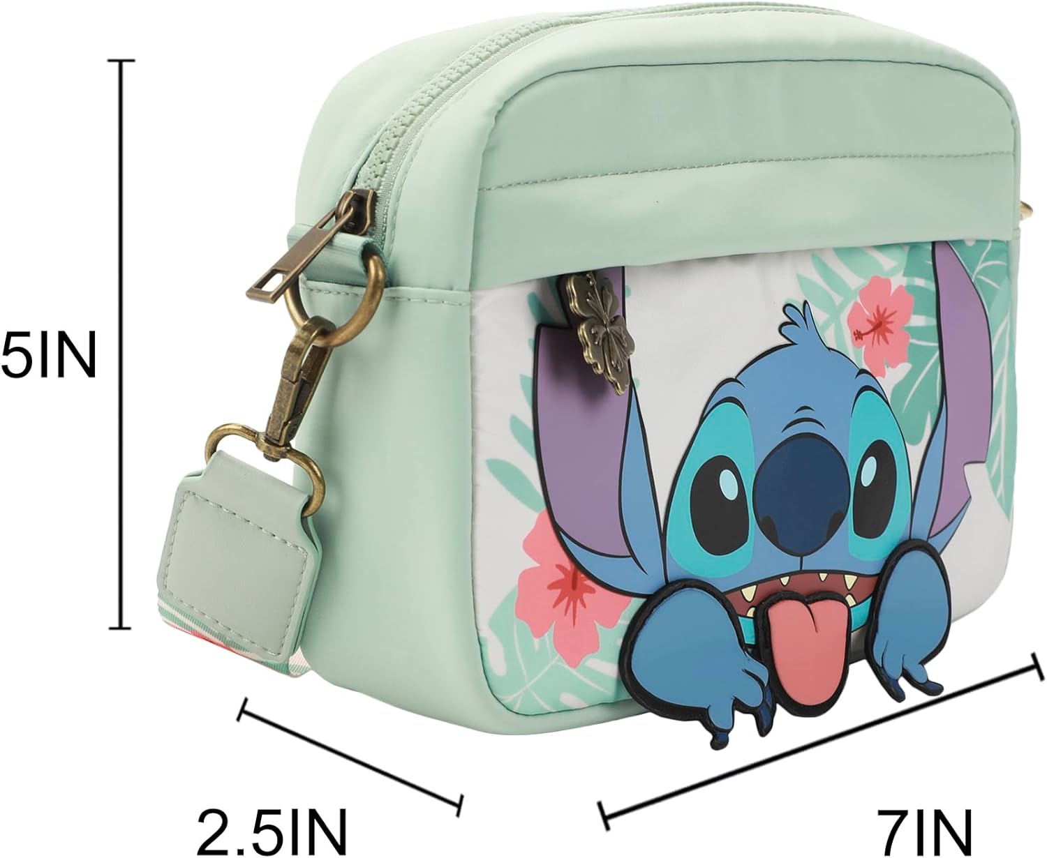Bioworld Disney Stitch Floral Print Green 7" Crossbody Bag