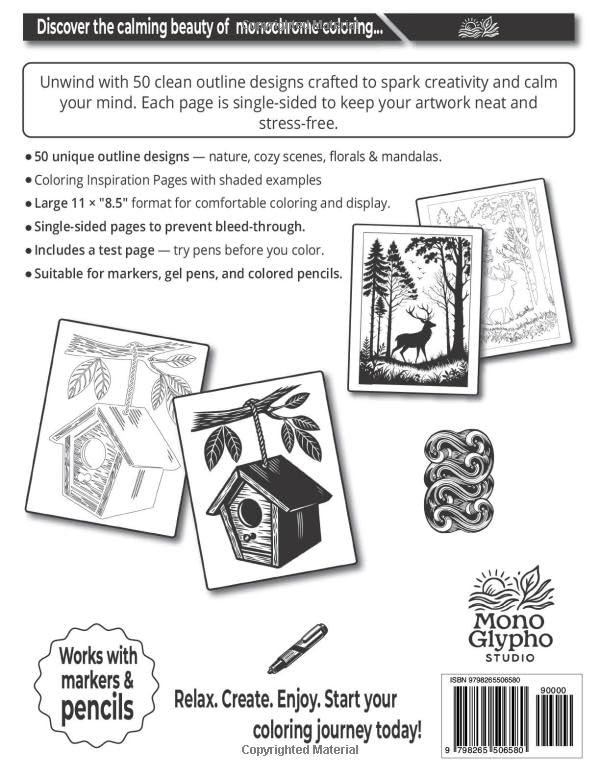Miniatura 2 de Monochrome Coloring Book for Adults Relax & Color Mindful and Fun OneColor Outlines Easy Stress-Relief with Single-Sided Pages & Inspiration