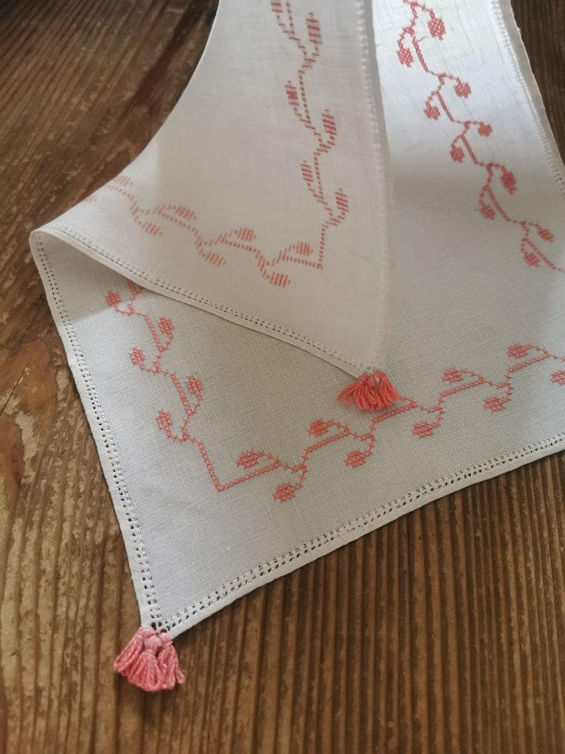 アンティーク フレンチリネン 珊瑚色の花/リーフ刺繍 フリンジ付きランナーセット アンティーク フレンチリネン 珊瑚色の花/リーフ刺繍 フリンジ付き