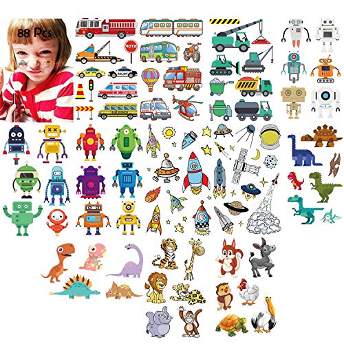 Kids Temporary Tattoos, (88 Styles) Firetruck/School bus/Car/Motorbike/Helicopter/Robot/Rocket/Dinosaur/Animals Face Tattoos  Boys Stockings Stuffers Goody Filler Birthday Party Favor Supplies
