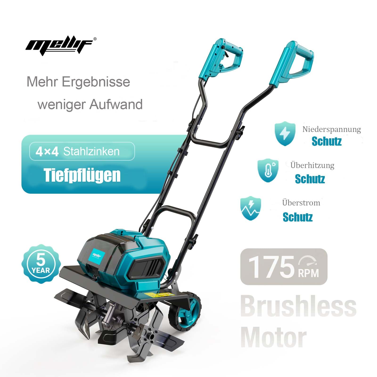 Mellif Akku-Gartenfräse für Makita 18V Akku – 22 cm Arbeitstiefe, 32 cm Arbeitsbreite, bürstenloser Motor, 2-Punkt-Sicherheitsschalter, klappbares Design, 16 Stahlzinken (ohne Akku)
