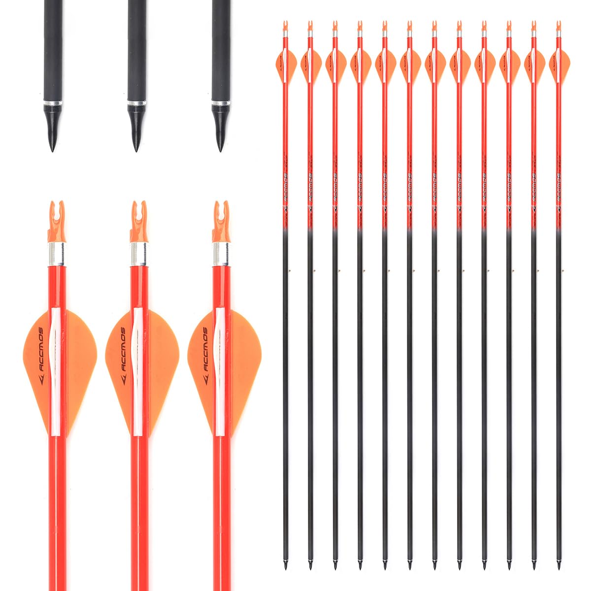 12 Stück Orange Kohlepfeile Spine 300 340 400 500 600 700 800 ID 6,2mm, für Compound Bogen Recurve Bögen Jagd Bogenschießen Praxis