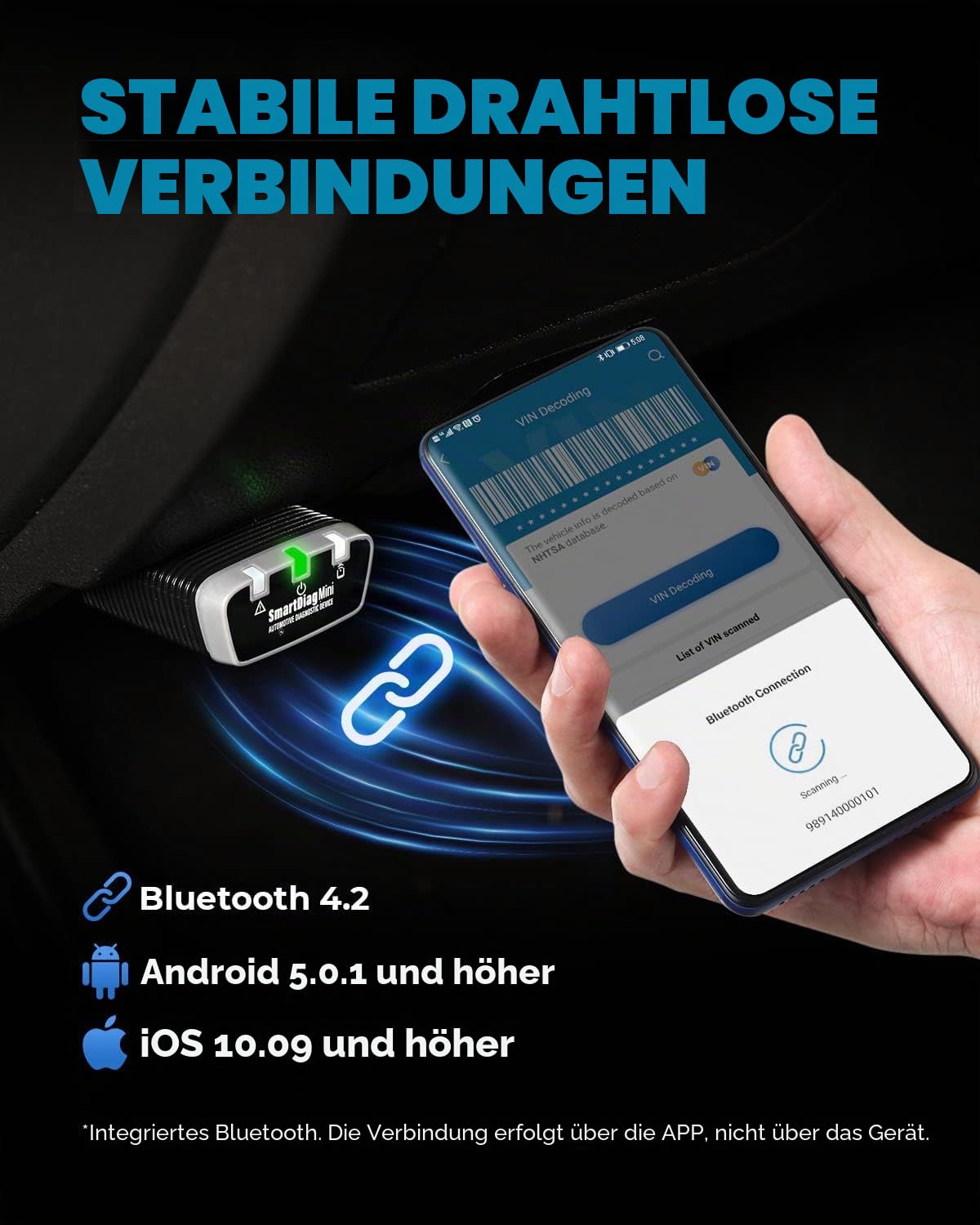 TOPDON OBD2 Bluetooth, SmartDiag Mini Diagnosegerät Auto, OBD-II Diagnosewerkzeuge Fehlercode Auslesegerät mit Allen Systemdiagnosen, 8 Zurücksetzen/Reset Funktionen, IOS/Android Unterstützen