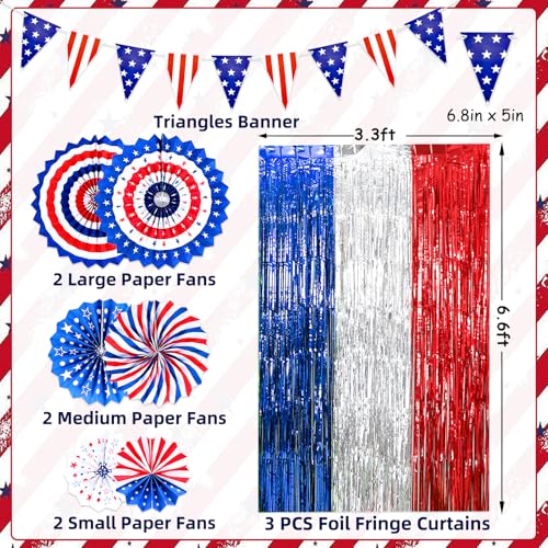 Image of 4th of July Patriotic Decorations, Red White and Blue Decorationl Include 3 Pack Foil Fringe Curtains, Paper Fans, Pennant Bunting for Patriotic Party, Memorial Day, Independence Day, Labor Day