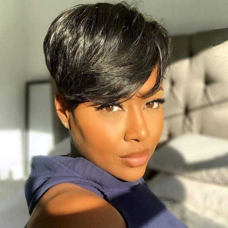 Pixie Cut Real Hair Wigs with Bangs Natural Short Black Layered Wavy Wigs Human Hair for Black Women Breathable Capless Heat Resistant Tangle Free (Black,4inch)