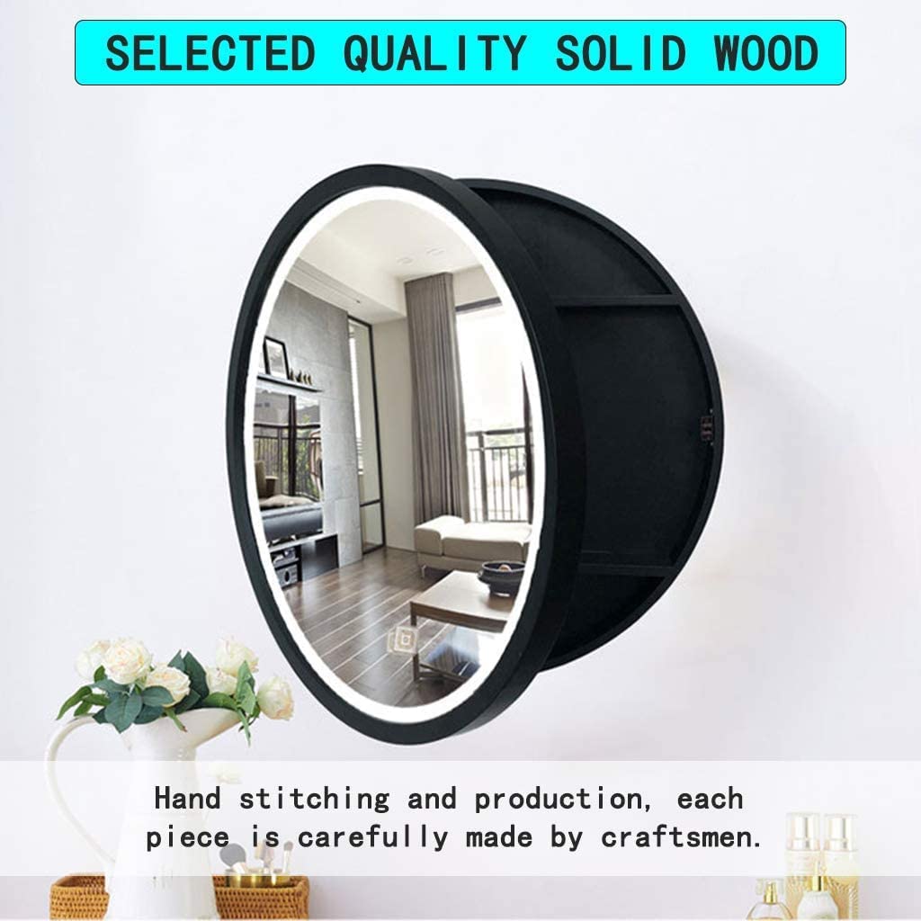 Espejo de baño con LED, Armario de baño con espejo y luces LED, armario pared, redondo madera, interruptor inteligente cosmético(60cm)