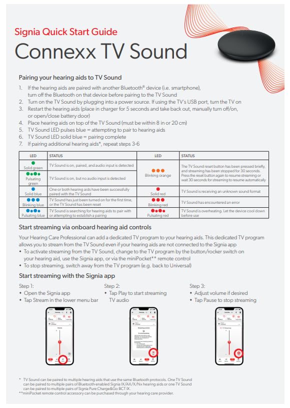 Signia Quick Start Guide page showing pairing instructions and LED status table