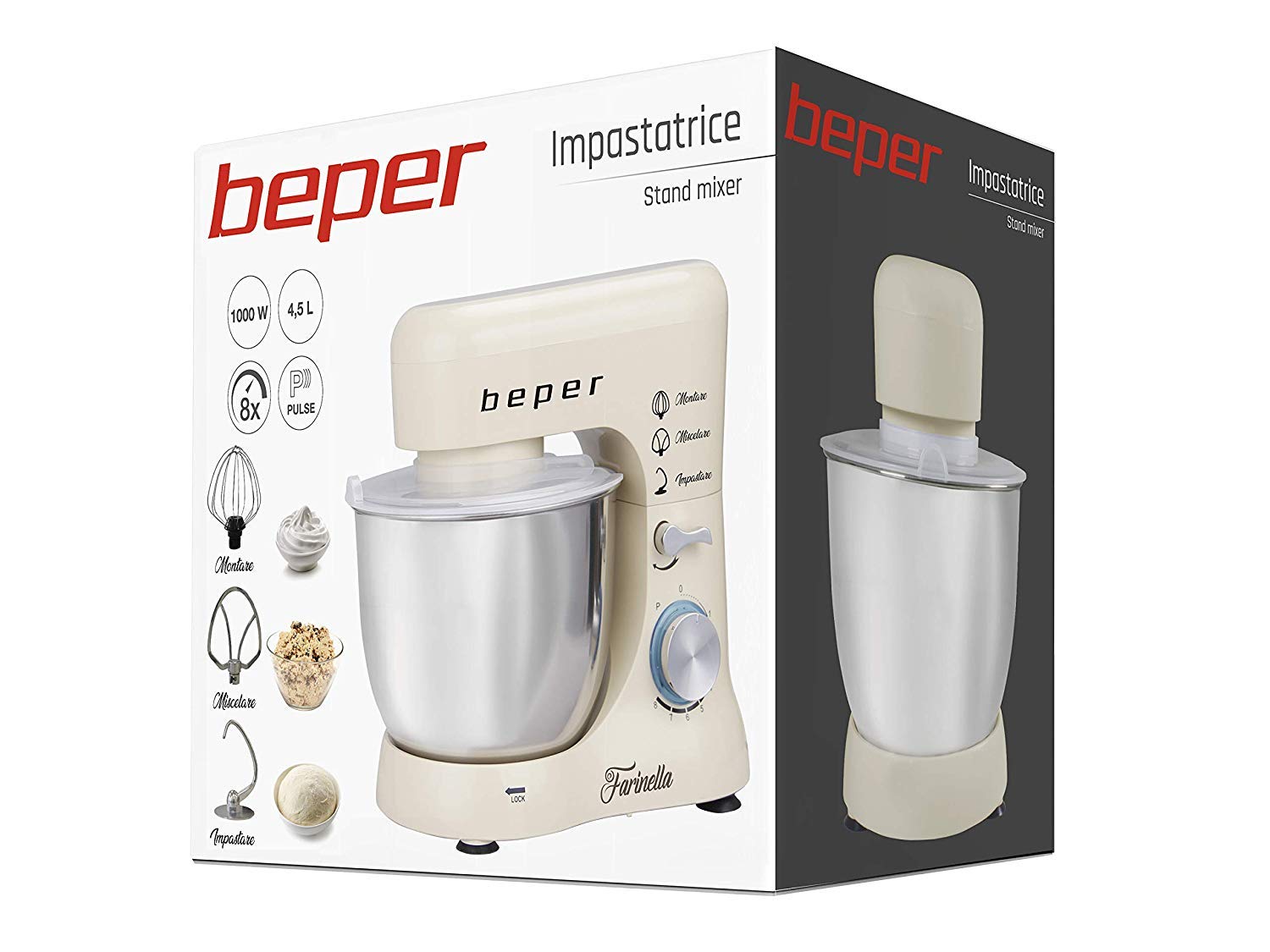 Beper BP.200 Robot pâtissier planétaire, puissance 1000 W, récipient en acier inoxydable de 4,5 L, pour pétrir, amalgamer et monter à neige, couleur crème