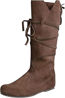 Botas planas para mujer, de pantorrilla ancha, para otoño e invierno, tacón plano, suela gruesa, medieval, juego de rol, punta redonda, botas altas, Brown, 40 EU