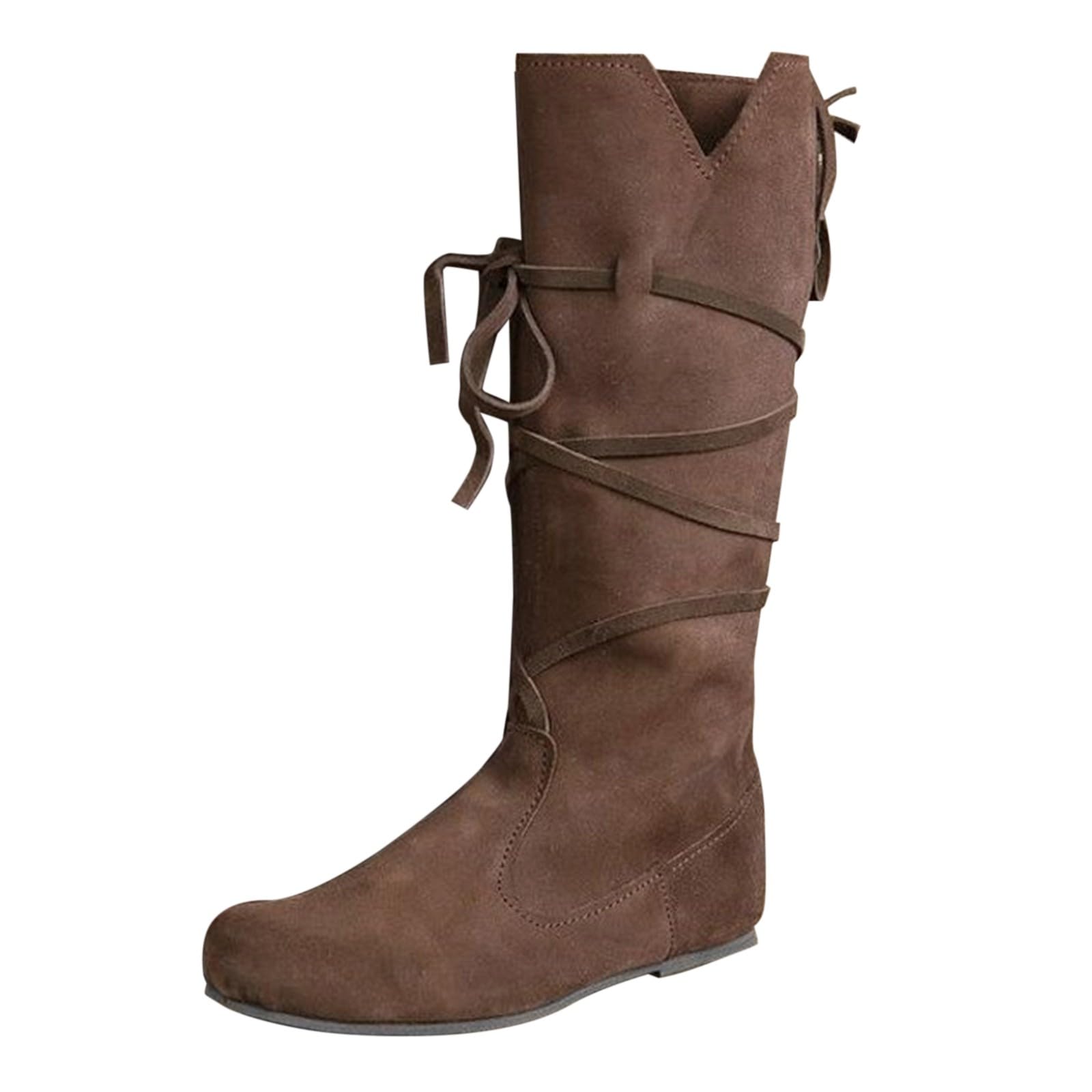 Stivali da cowboy in pelle Donna e Uomo Primavera e Autunno Inverno Tacco Piatto Suola Spessa Giochi di Ruolo Medievale Punta Rotonda Stivali alti Mid Top Stivali Tacco Alto Stivali per Donna