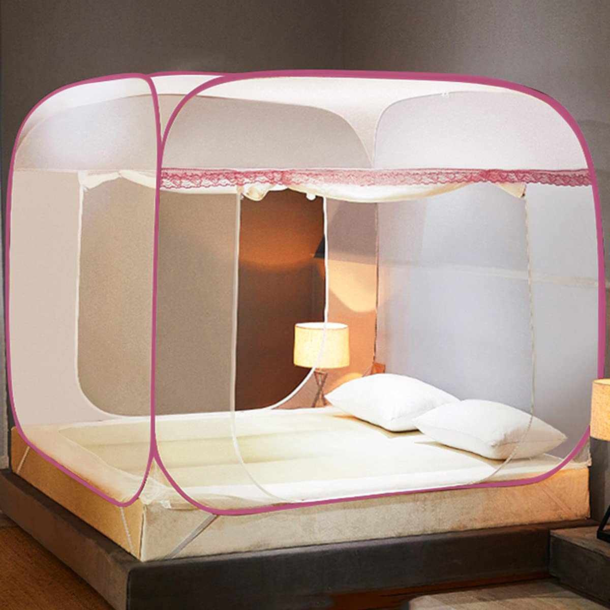 GJMSSMY Mosquito Nets, Pop Up Mosquito Net for Bed Portable Tent Travel Mongolian Yurt Dome Net Folding Double Doors for Outdoor Trip Baby Kids Adult,Pink,1.8m×2.2m×1.55m