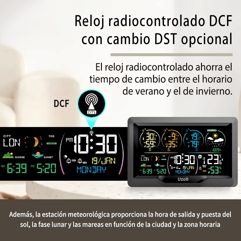 Uzoli EM3390 Estación meteorológica inalámbrica con 3 sensores, Reloj DCF | Termómetro-higrómetro, Alarmas, Previsión meteorológica, Presión atmosférica, Riesgo de moho, Amanecer, Fase lunar, Mareas