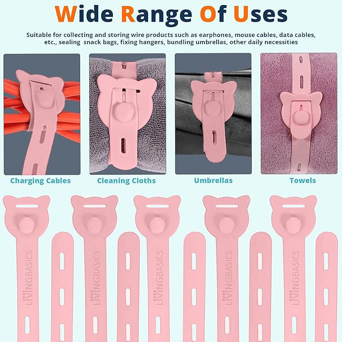 Image of LivingBasics 10 Pcs Silicone Reusable Cable Ties /Wire Ties /Adjustable Cable Organizer /Elastic Cord Organizer /Reusable Silicone Cord Straps for Earphones, PC, Wires, Chargers, Desk (Pink)