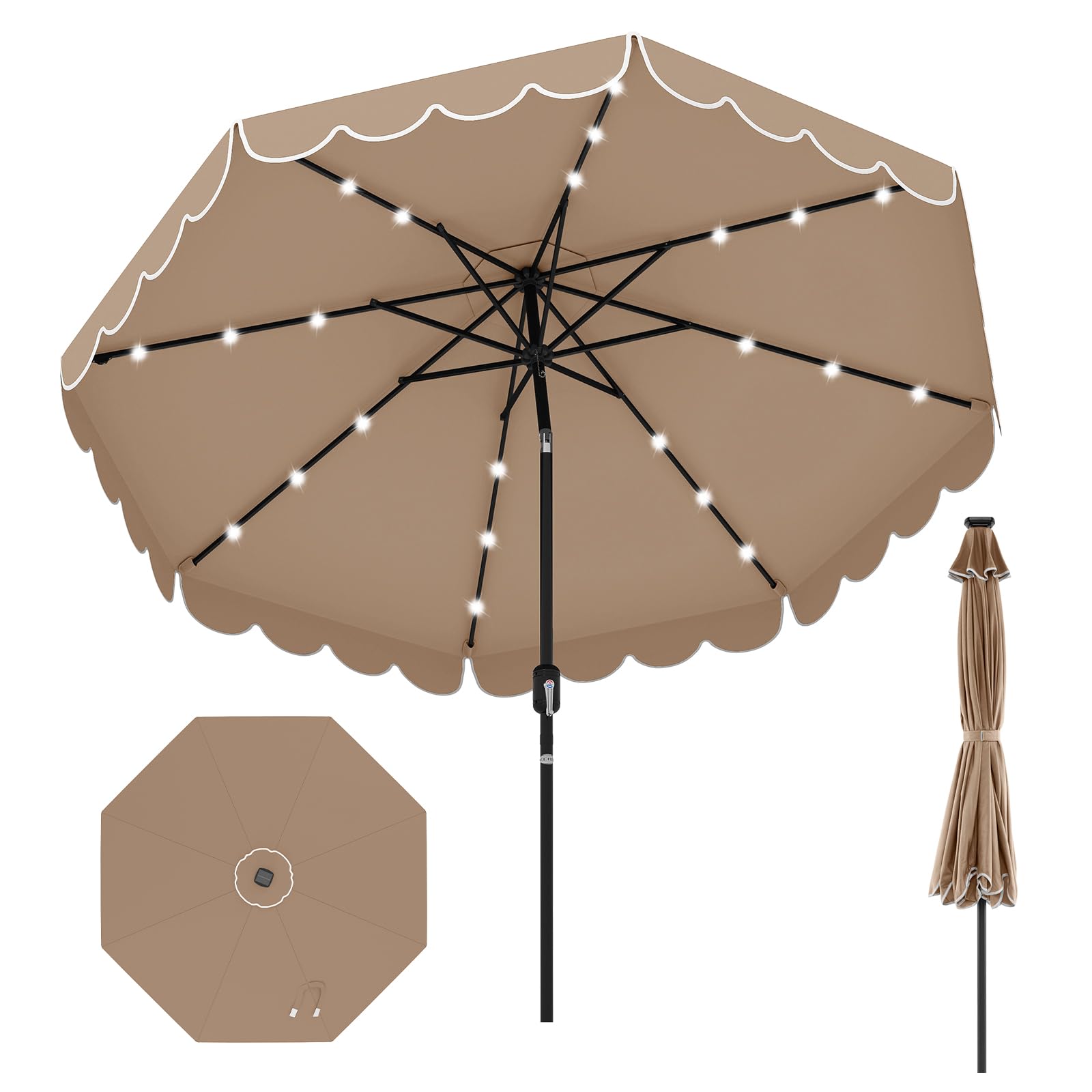KOMFOTTEU Ombrellone da Giardino Ø 300 cm con 24 Luci a LED, Apertura a Manovella, Inclinazione Regolabile a 35°, Ombrellone da Esterno per Terrazza, Spiaggia, Balcone, Anti UV, Senza Base