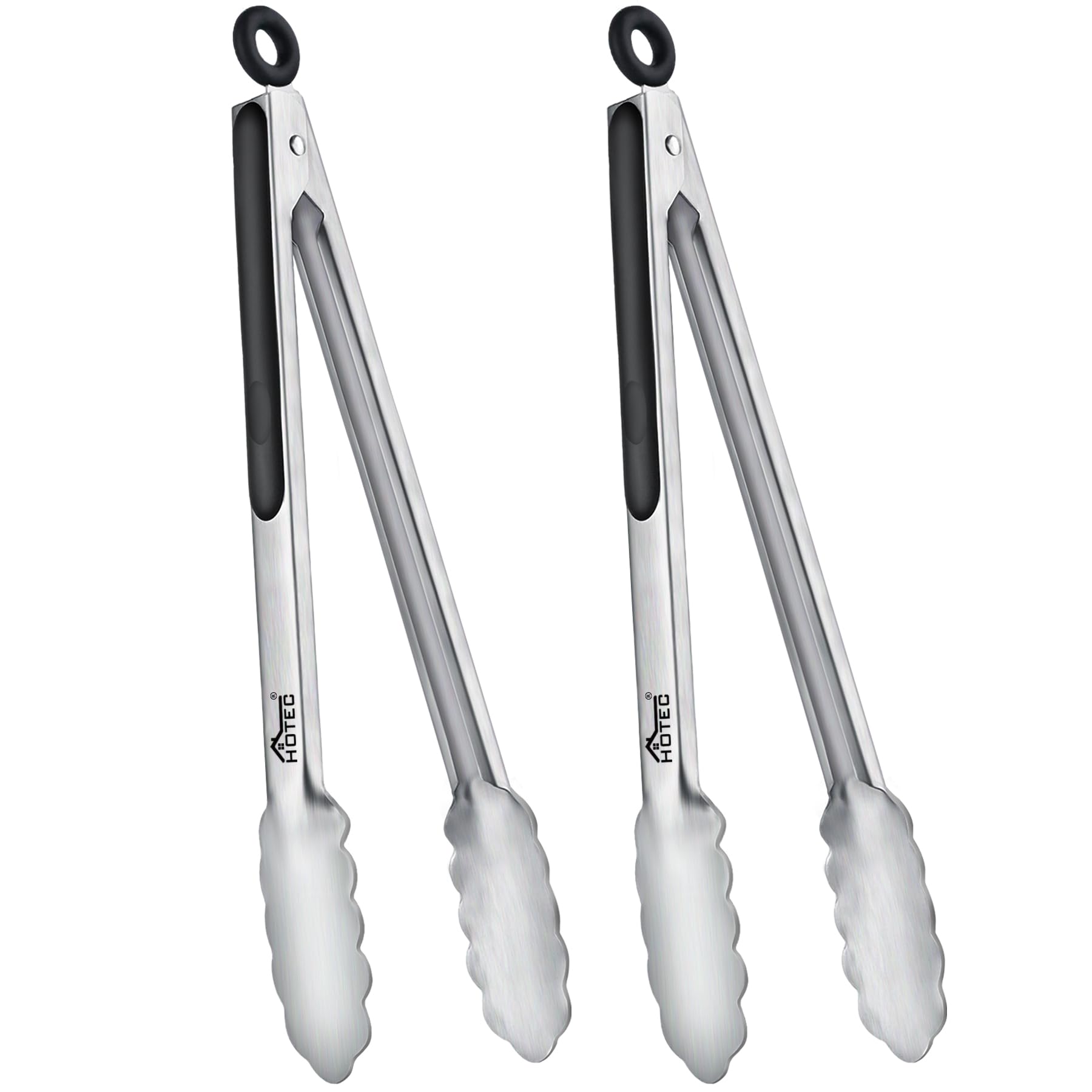 Hotec Stainless Steel Kitchen Tongs, Set of 2-12", Locking Metal Food Tongs for Cooking, Serving, BBQ, Grill Non-Slip Grip