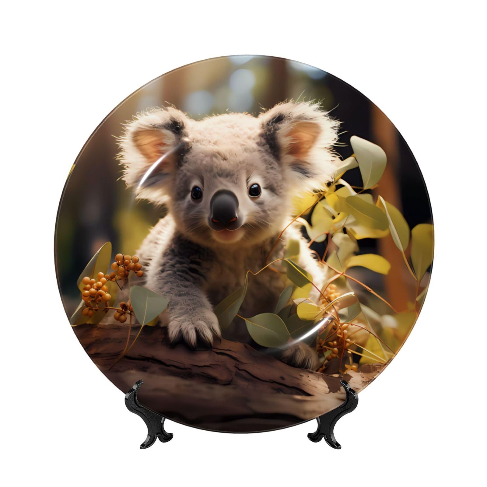 SXZVVBN Cute Koala Plant Bone China Decorative Plate Art with Stand Removable Adhesive Hanging for Home Office 6in（15cm）